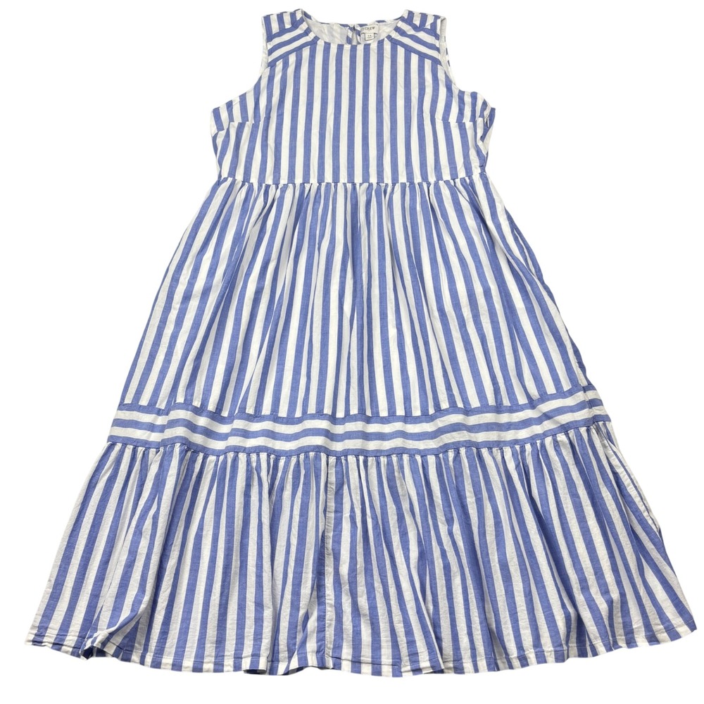 JCrew Womens Size 14 Blue White Stripe Tiered Maxi Sundress Cotton Lined BY535